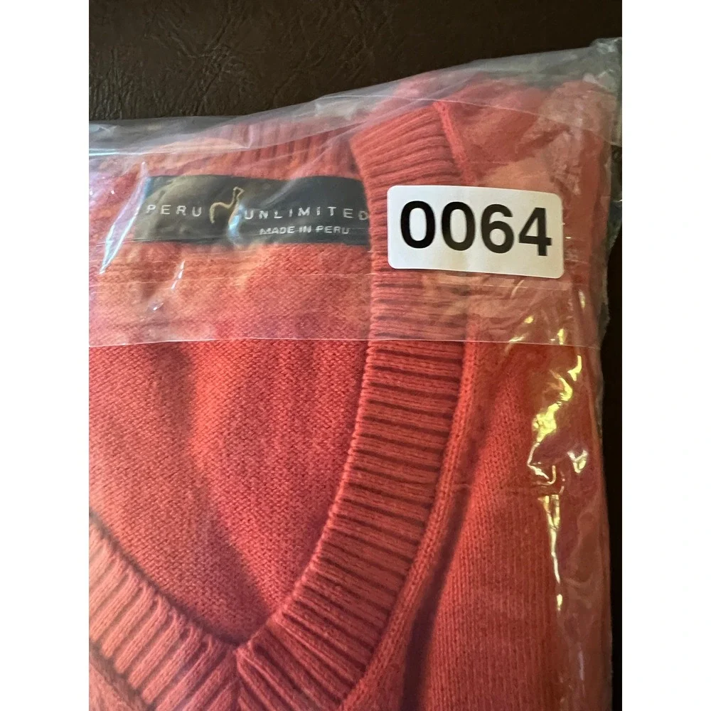 Peru Unlimited Mens Orange 100% Pima Cotton Preppy V-Neck Sweater L Made in Peru